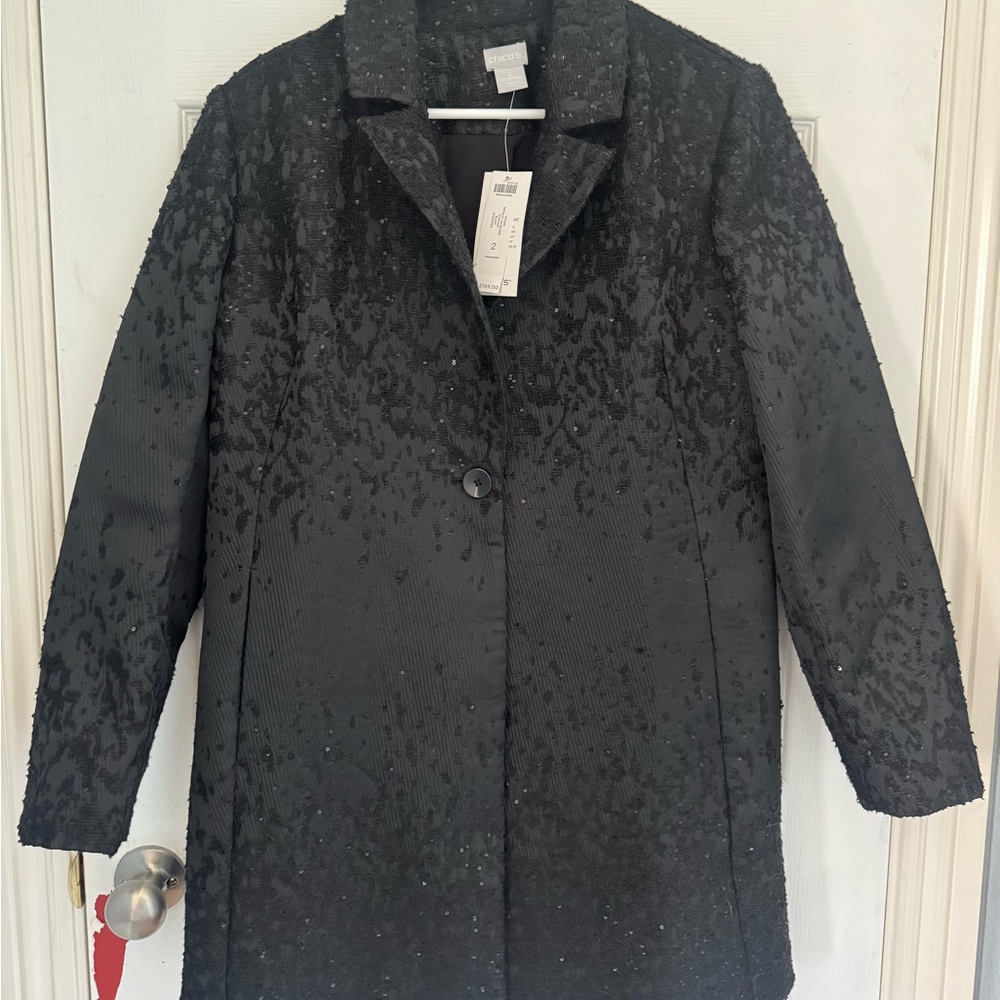 Chico's Black Sequin Embellished Single-Button Pea Coat